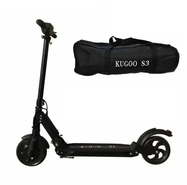 Black KUGOO S3 scooter with carrying bag