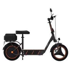 Side view of a black electric scooter with orange accents