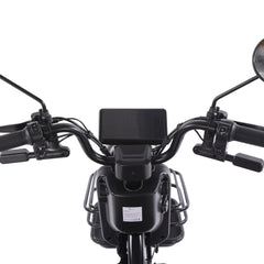 Close-up of a motorcycle handlebar with mirrors and control panel