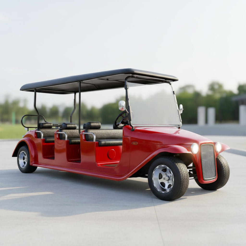 Red vintage-style electric golf cart with 6 seats isolated on the floor