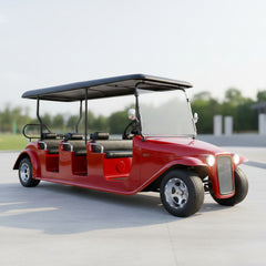 Red vintage-style electric golf cart with 6 seats isolated on the floor