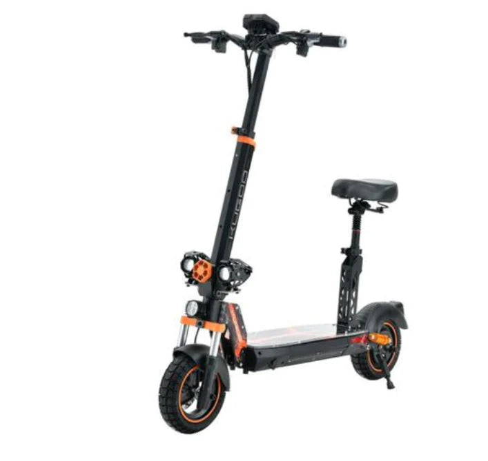 Black and orange electric scooter with a removable seat