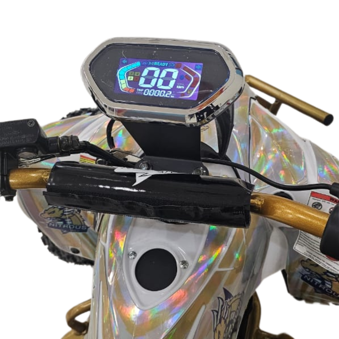 Close-up of a motorcycle handlebar with a digital speedometer