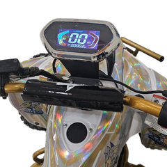 Close-up of a motorcycle handlebar with a digital speedometer