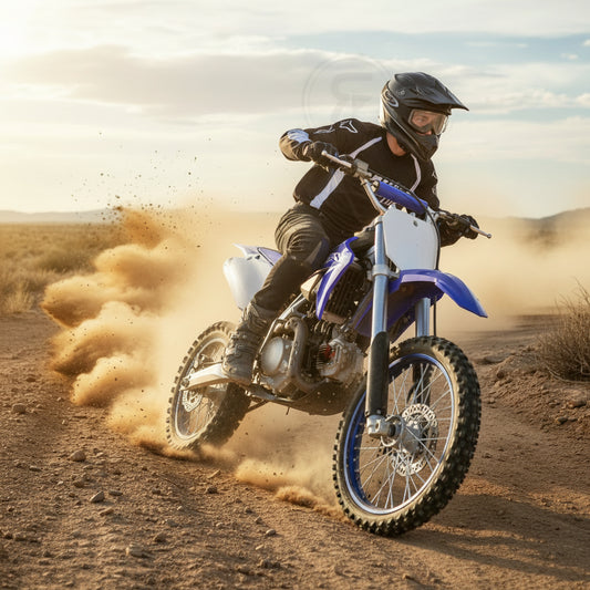 Rider wearing black Alpinestars jersey and full-face helmet cornering an off-road motorcycle.