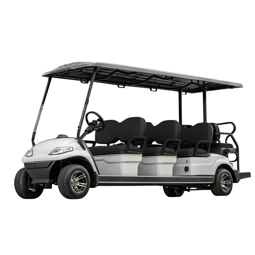 White golf cart with black 8 seater and canopy