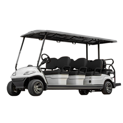 White golf cart with black 8 seater and canopy