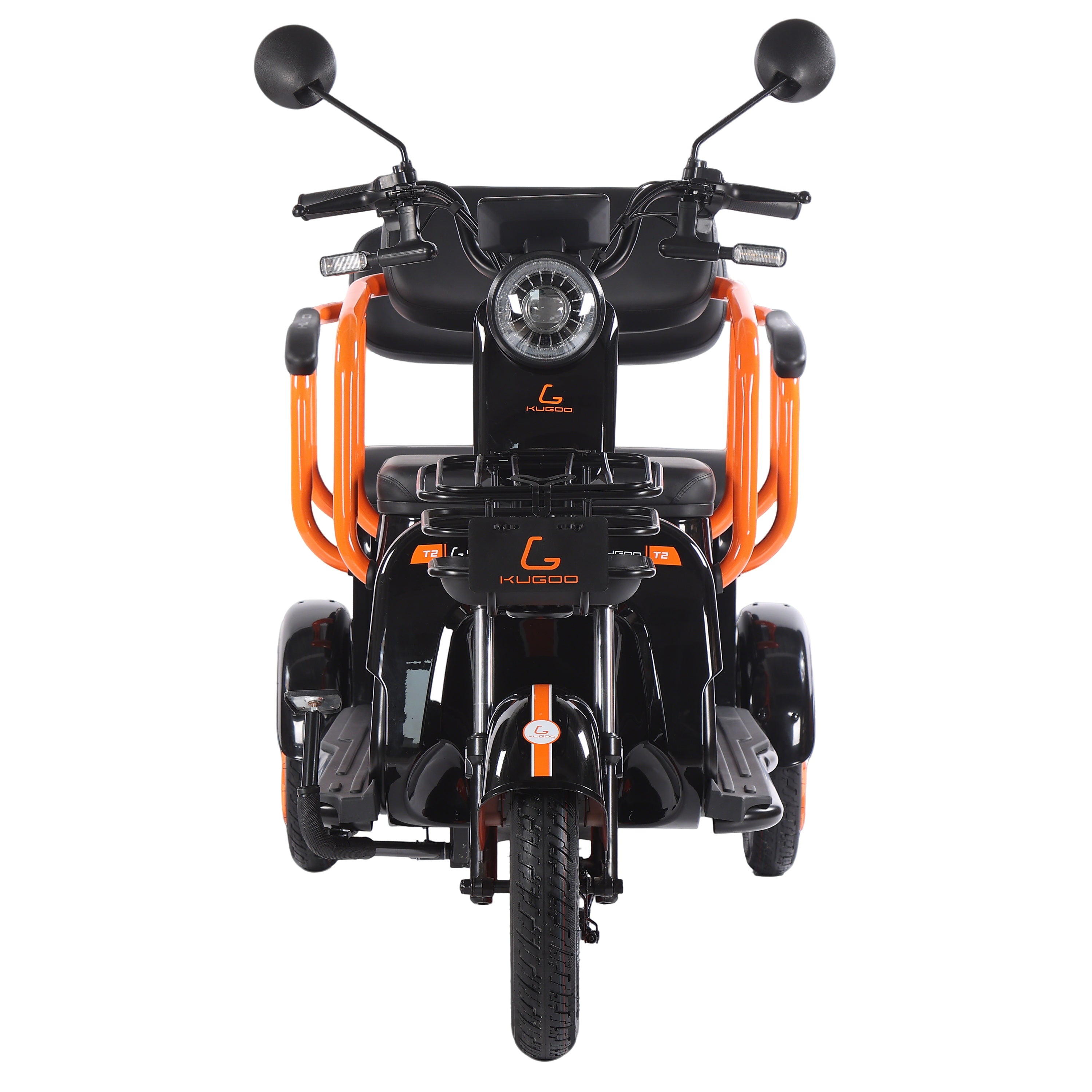Black and orange three-wheeled electric scooter