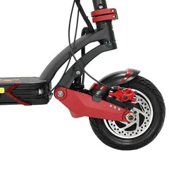 Close-up of an electric scooter wheel and suspension system