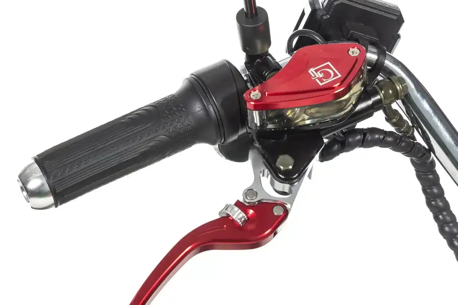 Close-up of motorcycle handlebar with red brake lever and black grip