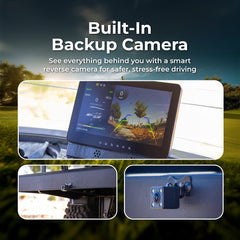 Car monitor with built-in backup camera system and installation views.