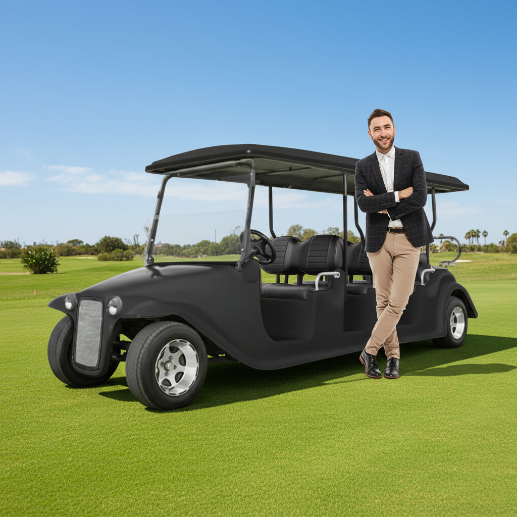 Megawheels Vintage Classic 8 Seater Royal Vintage Electric Golf Cart Buggy a man standing next to this in a lawn