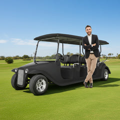 Megawheels Vintage Classic 8 Seater Royal Vintage Electric Golf Cart Buggy a man standing next to this in a lawn