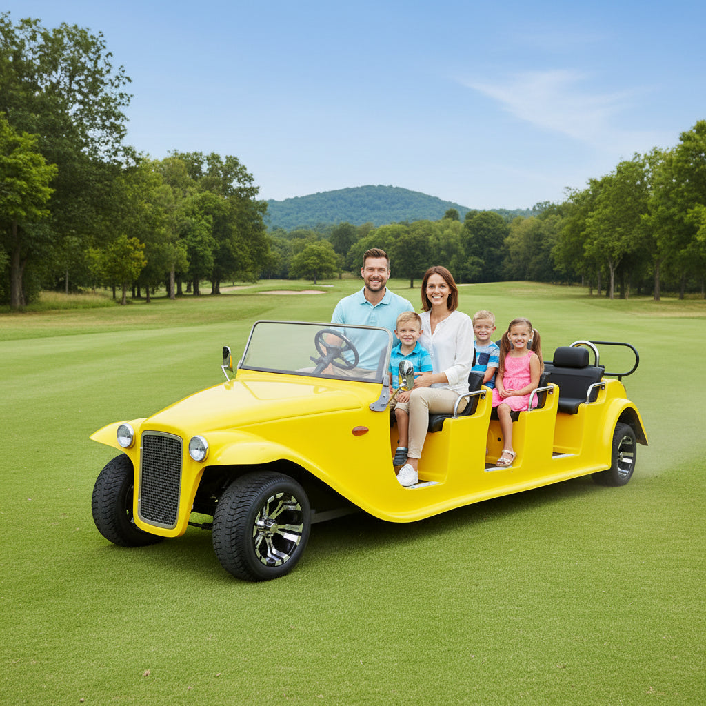 Family of four sitting in a yellow electric car on a white background