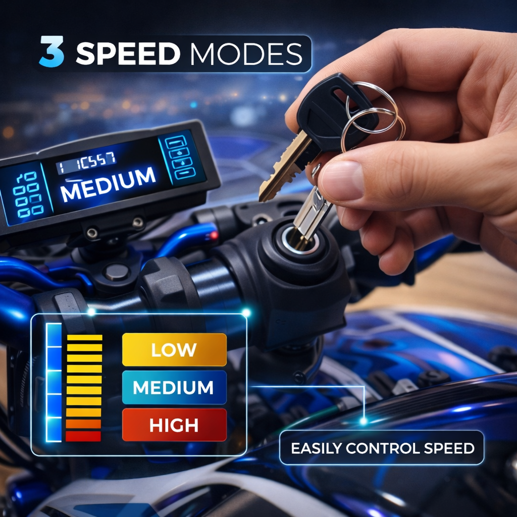 Hand inserting a key into a vehicle's ignition with speed mode display and control interface.