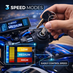 Hand inserting a key into a vehicle's ignition with speed mode display and control interface.