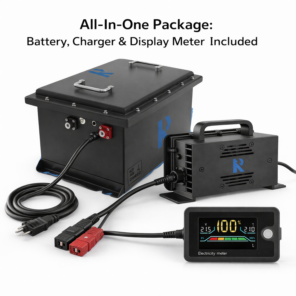 All-in-one battery, charger, and display meter package
