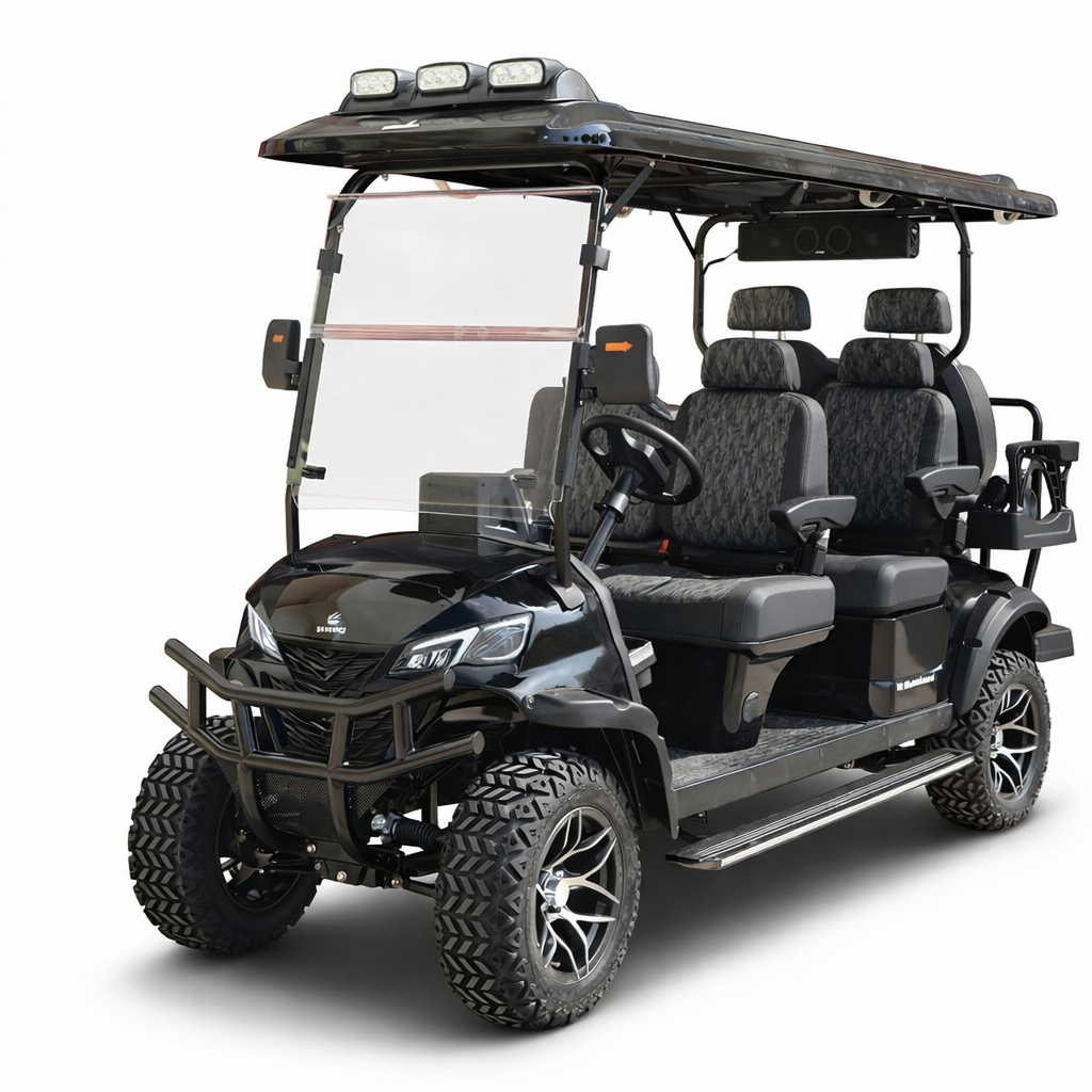 Black six-seater golf cart with a clear windshield