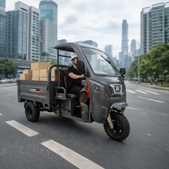 Person driving a cargo tricycle with boxes in an urban Area