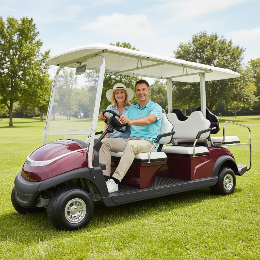 Megawheels Maroon 4-seater electric golf cart with white roof on a golf course fairway.