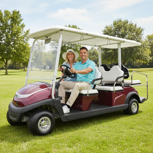 Megawheels Maroon 4-seater electric golf cart with white roof on a golf course fairway.