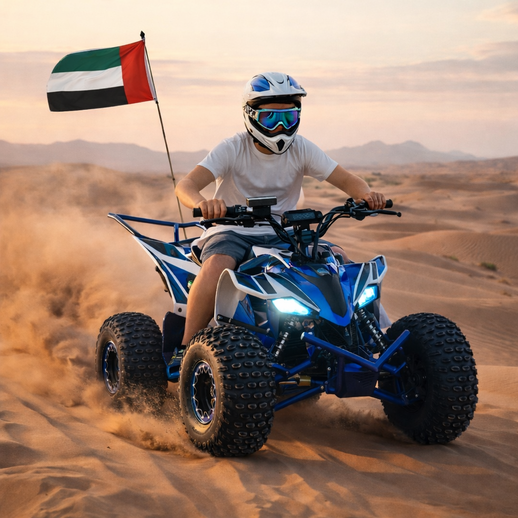 Person riding a blue ATV in the desert with a flag, wearing a helmet and goggles.