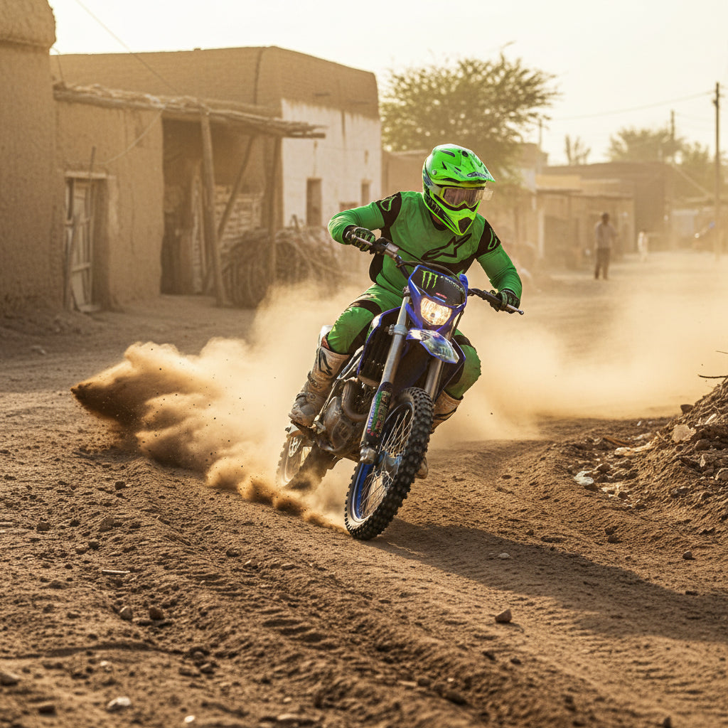 Rider in bright green gear accelerating a blue youth dirt bike down a dusty off-road trail.