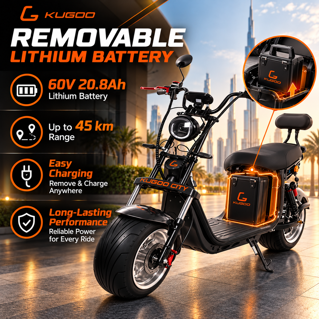 Kugoo Electric Fat Tyre Harley Scooter 3000 W Motor Power E Bike battery