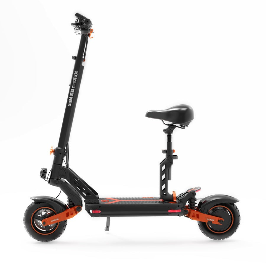 Black and orange electric scooter with a seat