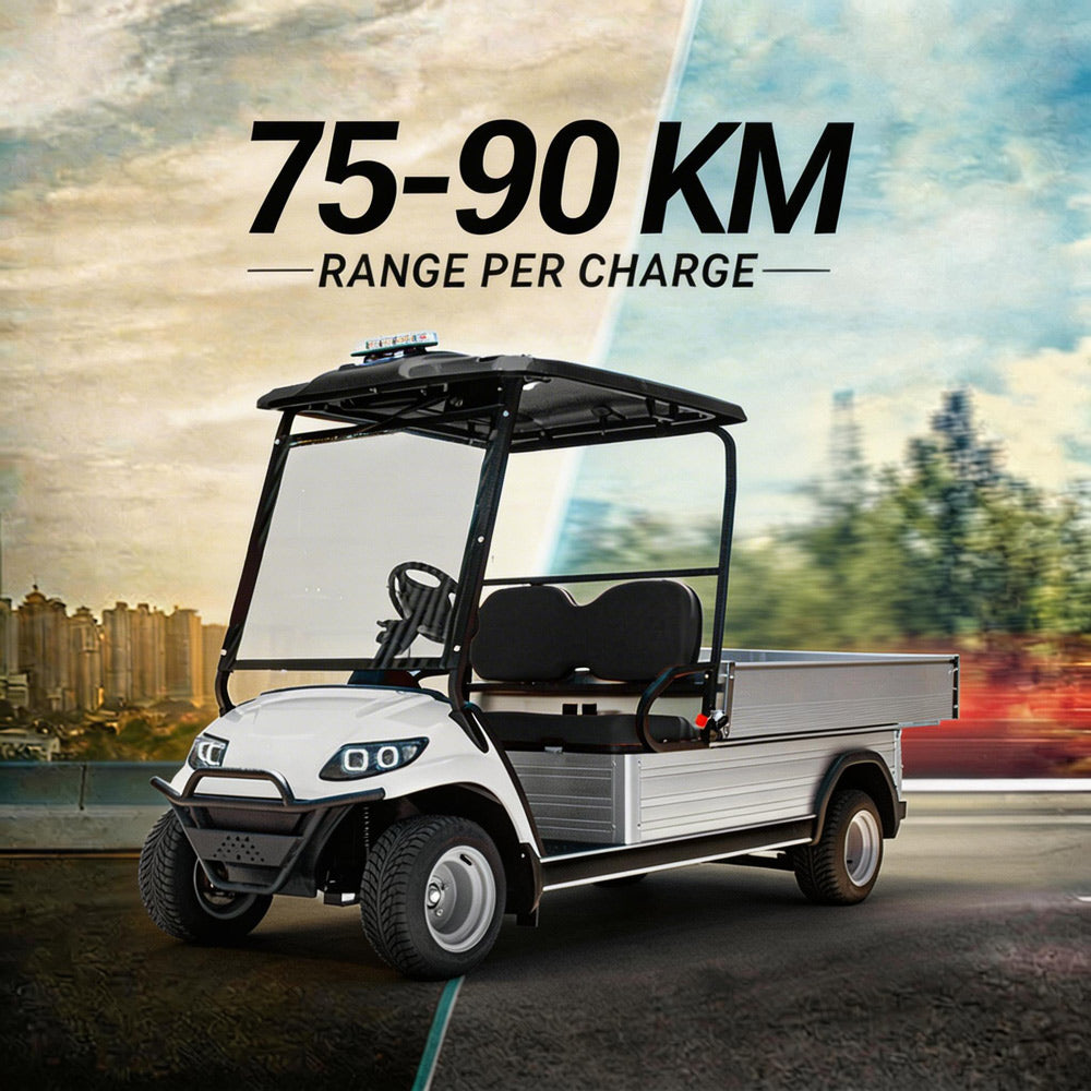 An electric golf cart with an indicating range per charge.