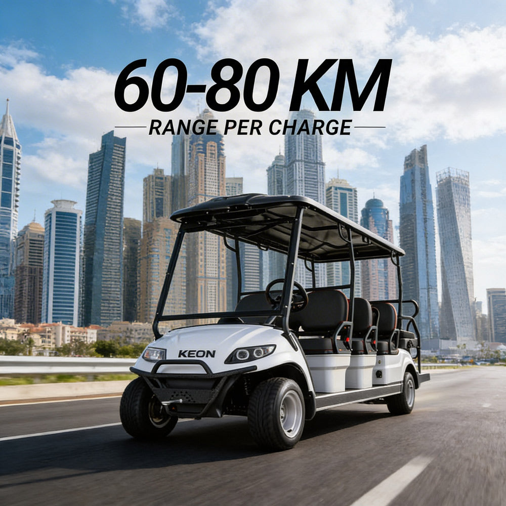 An electric golf cart features a range of about per charge.