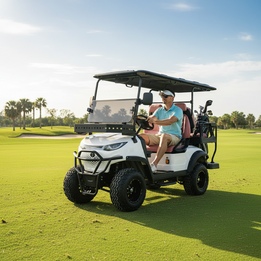 Pre-Owned Green Rider Lifted Electric Golf Cart 2+2 Seater A man riding this On a golf Cource