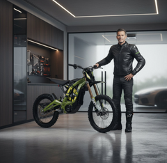 a man standing next to Surron Light Bee X Electric Bike 8000W yellow
