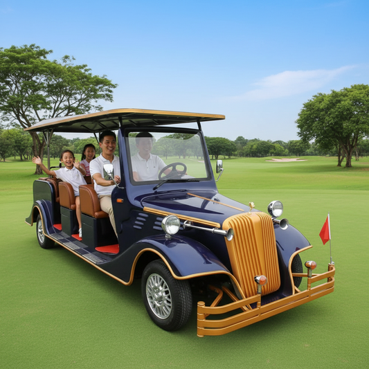 Vintage-style electric vehicle with wooden accents and family riding in golf court