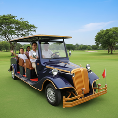 Vintage-style electric vehicle with wooden accents and family riding in golf court