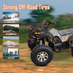 A camouflaged ATV with off-road tires has versatility on different terrains.