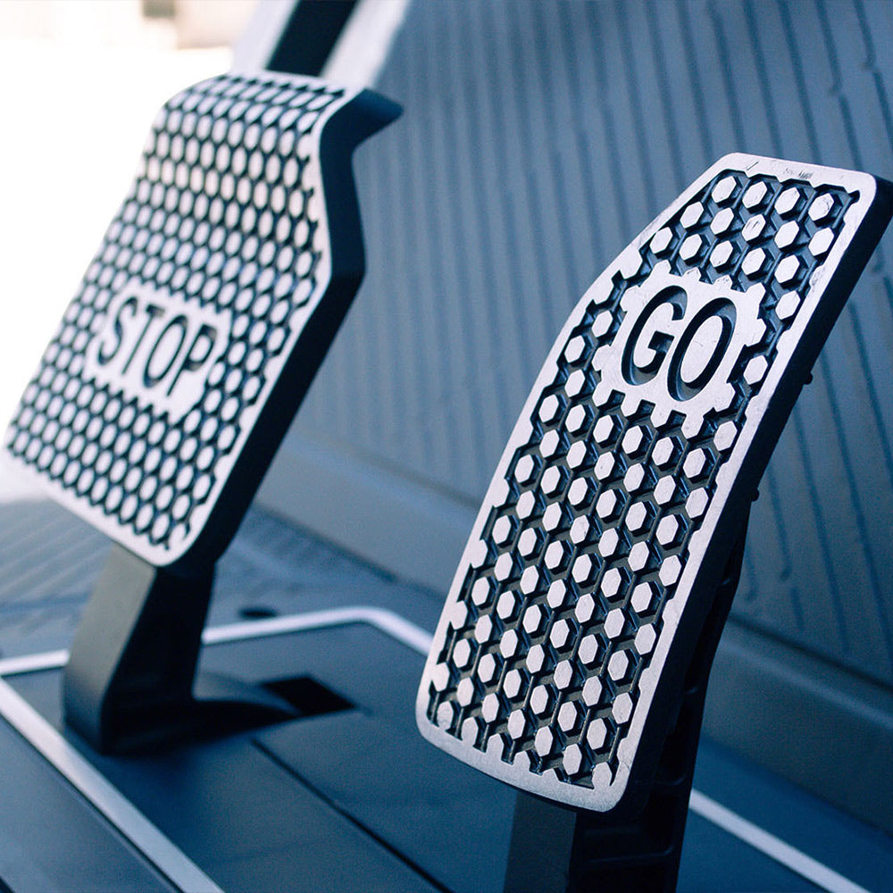 keon golf cart brake and accelerator pedal covers with 'STOP' and 'GO' labels.