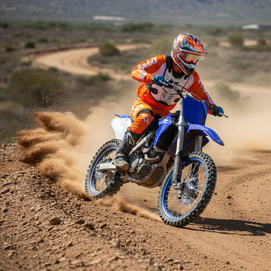 Motocross rider in orange gear drifting a blue dirt bike on a dusty desert trail.