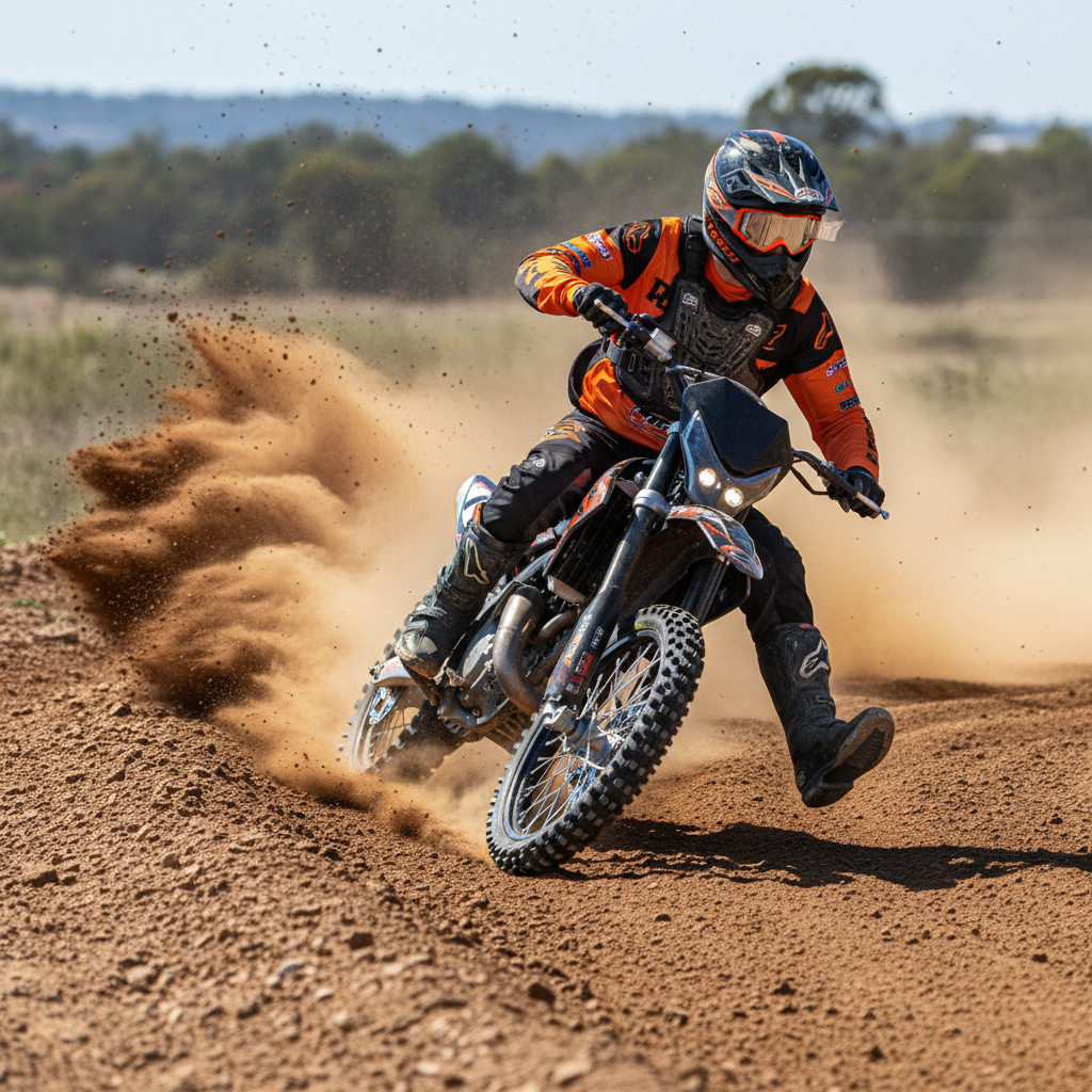 Rider in orange and black gear drifting a youth dirt bike on a dirt track, kicking up a cloud of dust.