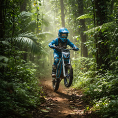Rider in blue safety gear catching air on an electric motocross bike in a forest.