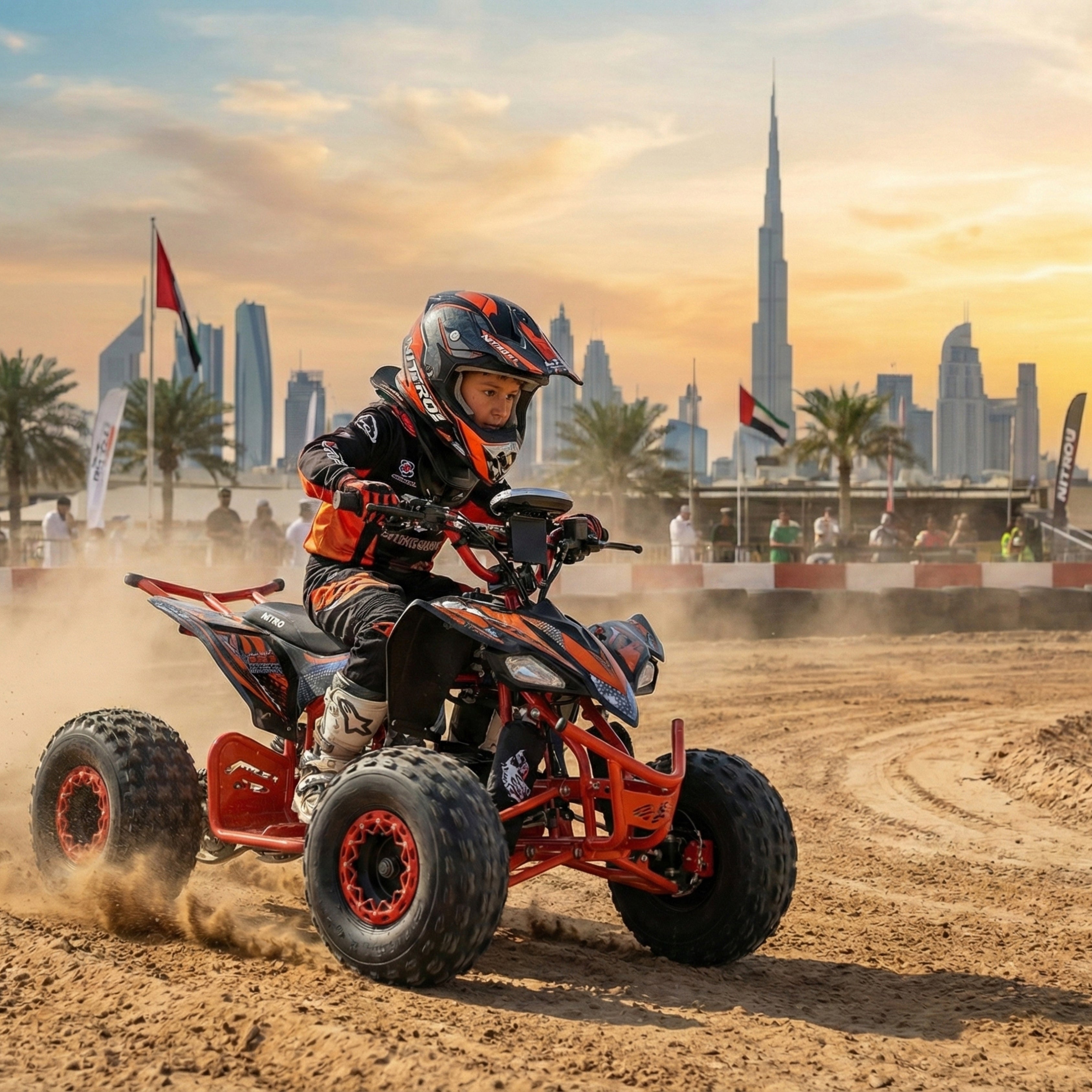 Child riding an ATV with a city skyline