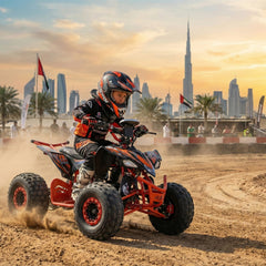 Child riding an ATV with a city skyline