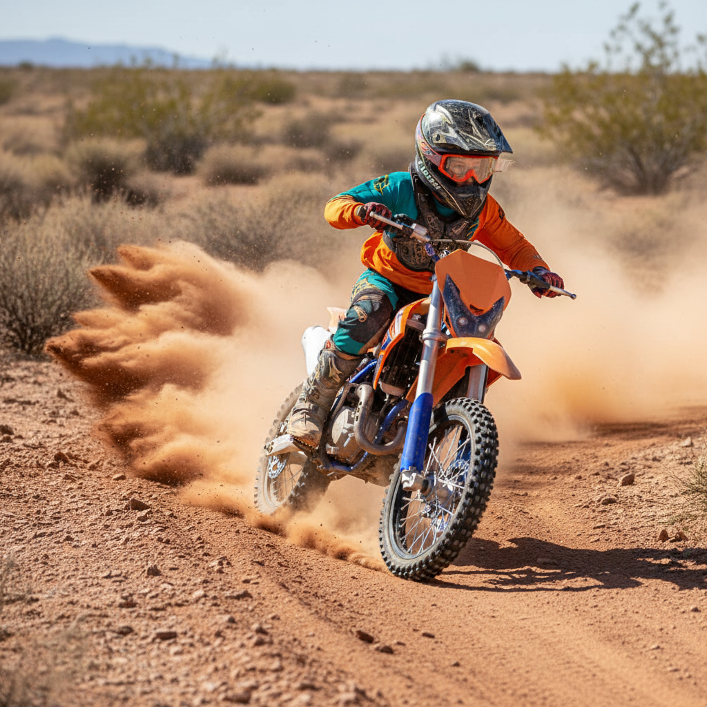 Young rider speeding on an orange kids pit bike across an off-road desert trail