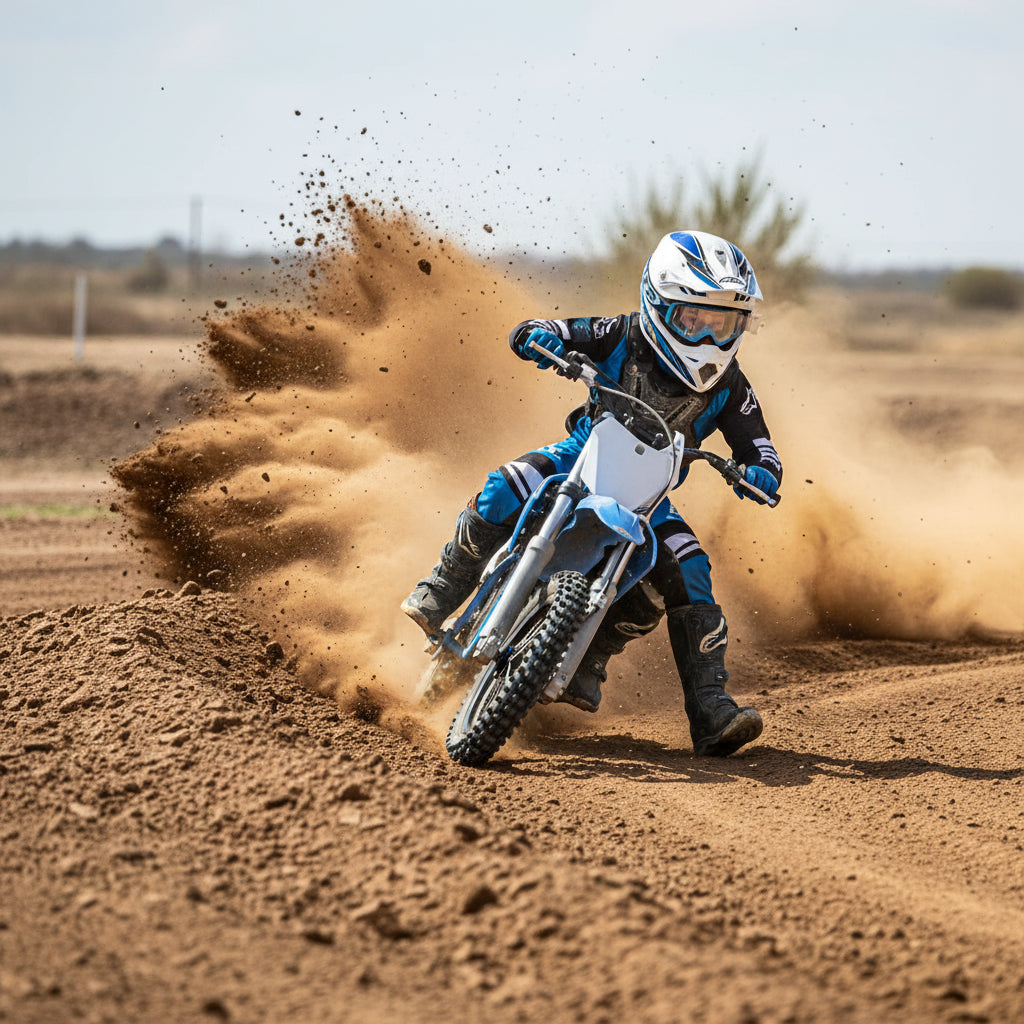 kid riding elecrtic dirt bike in dust