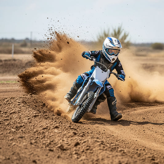 kid riding elecrtic dirt bike in dust