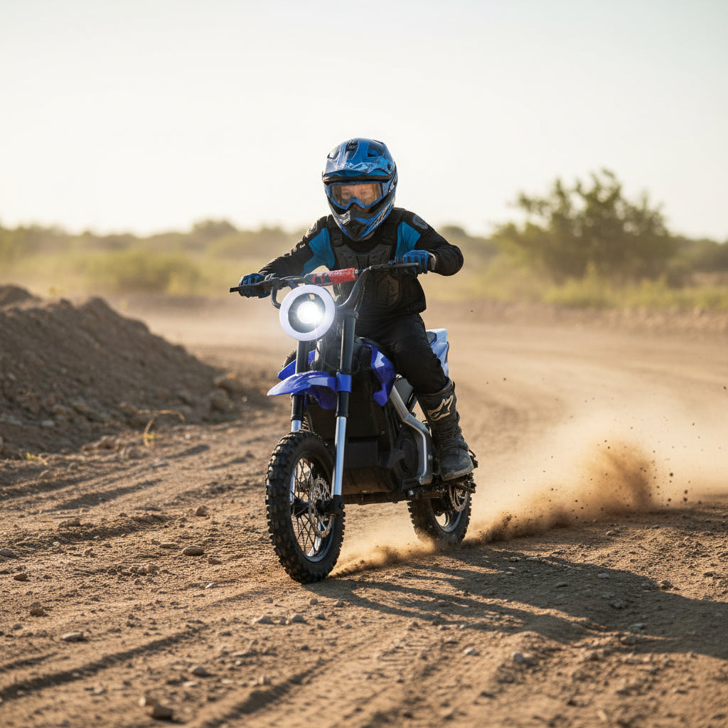 Child riding a dirt bike on a dirt track