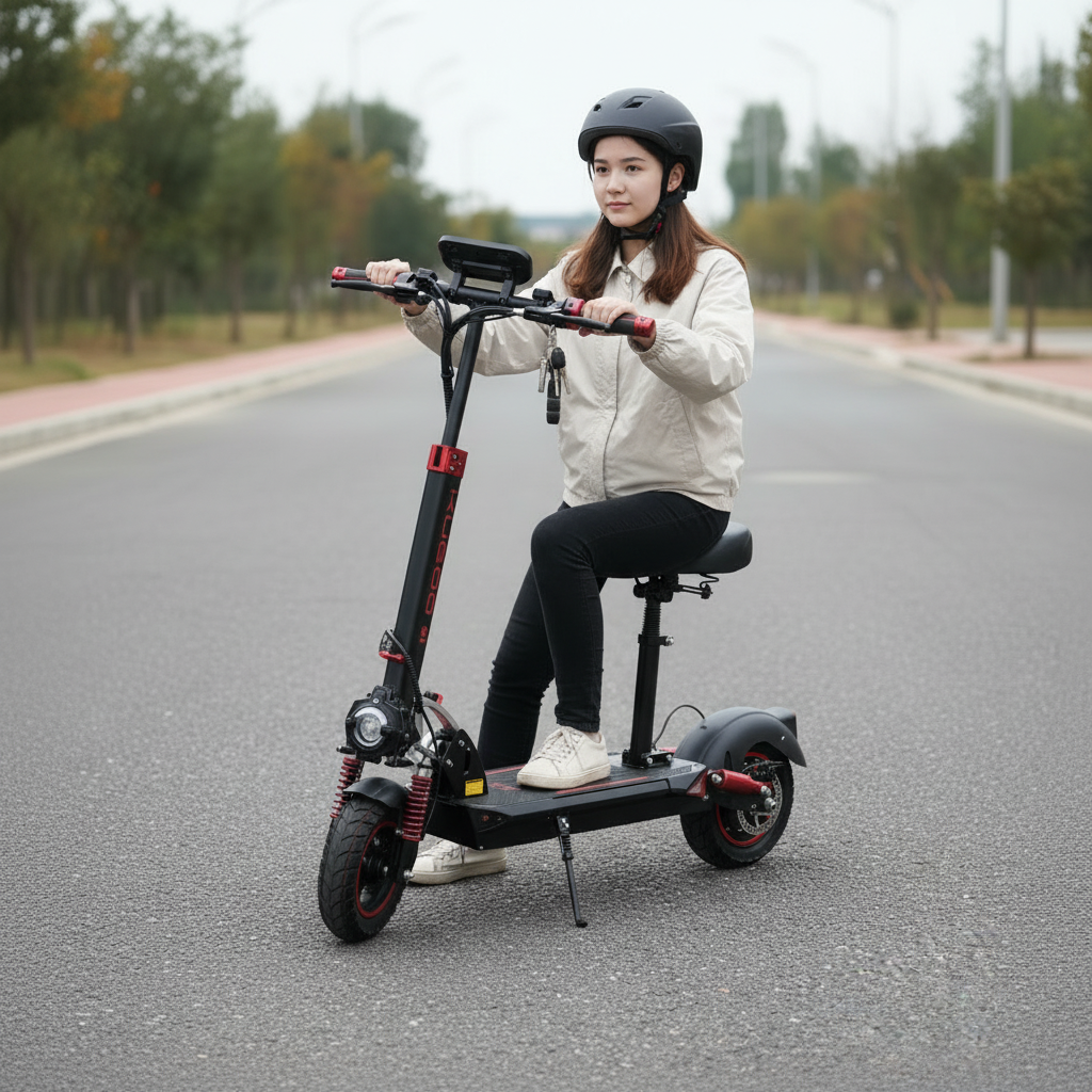Black electric scooter with a seat on a road