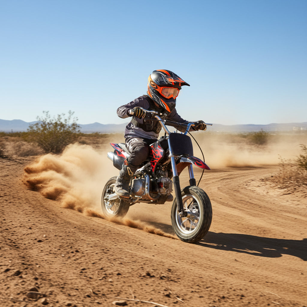 Youth rider wearing an orange and black motocross helmet speeding on a 50cc pit bike.