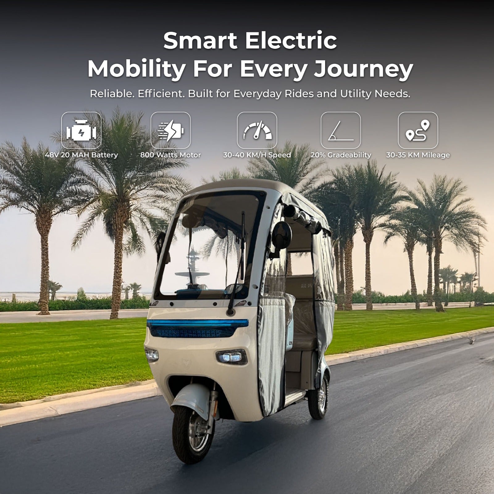 Trishelter 3 Passenger Tricycle With Roof and Side Protective Cover 48 V at Gulf Buggy UAE