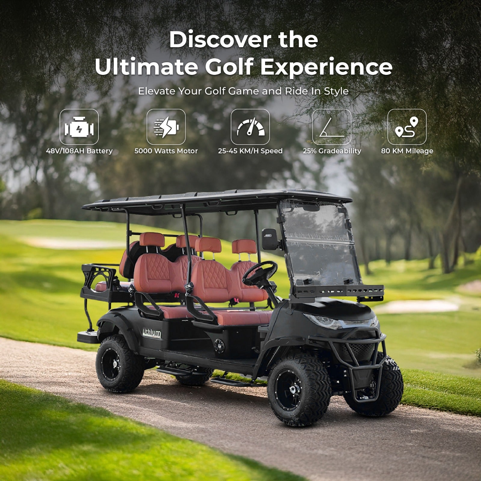 Electric Golf Cart Premium Mat Black Lifted 4 + 2 Off Road Street and Lithium Battery With Warranty